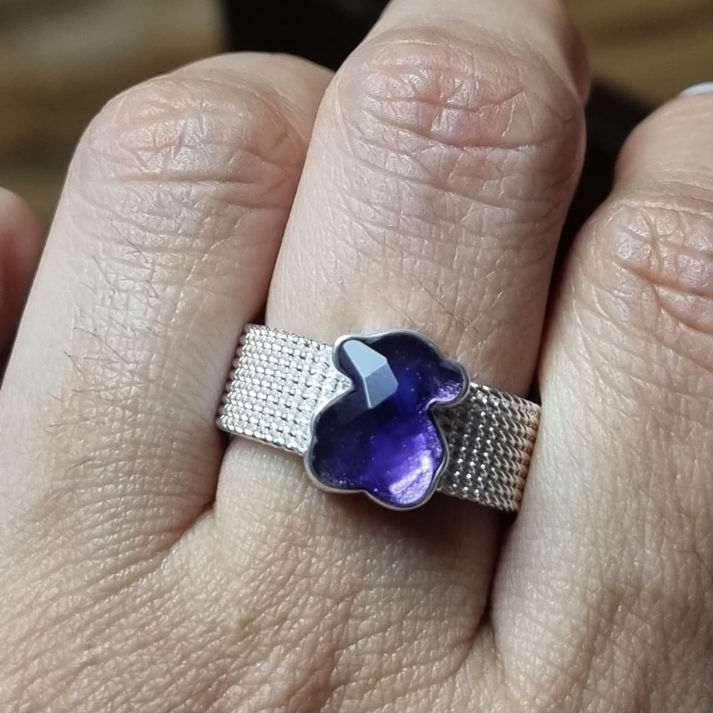 Tous Silver Mesh Color Ring with Amethyst Size 6